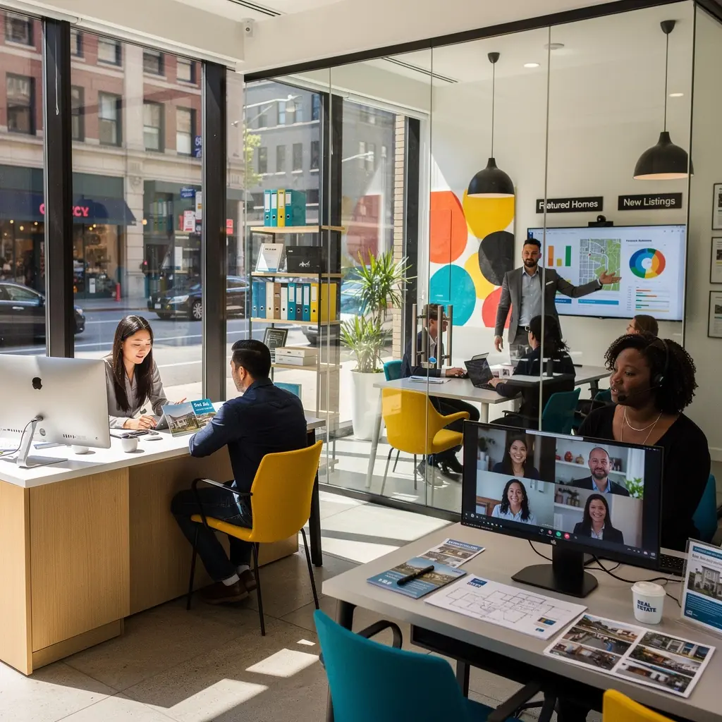 Kreatywna przestrzeń biurowa, gdzie odbywają się spotkania dotyczące wynajmu i sprzedaży nieruchomości.